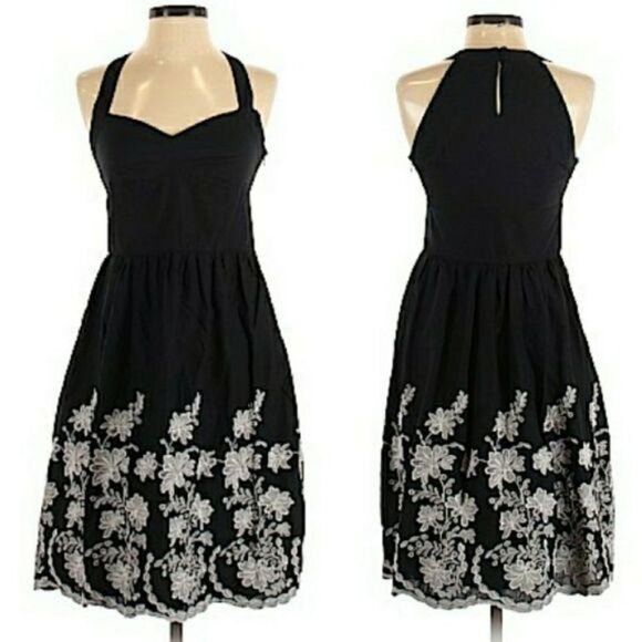 Loft Retro 60's Sweetheart Halter Embroidered Apron Fit & Flare Dress Black Sz 2 - Picture 1 of 10